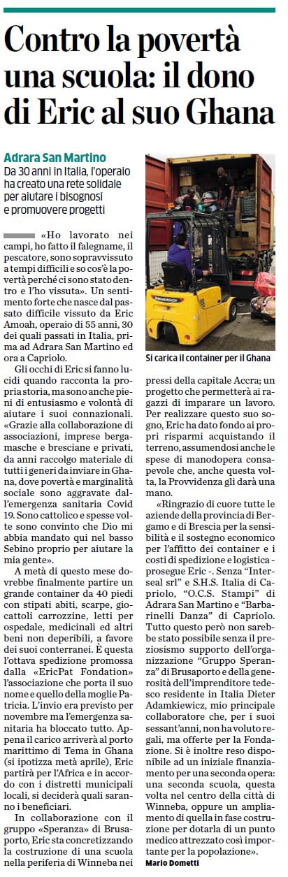 Articolo di giornale Eco di Bergamo