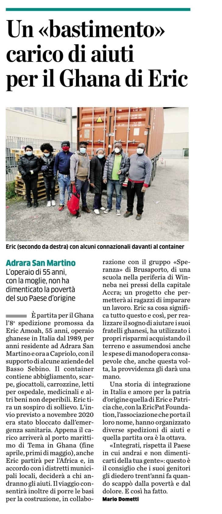 Articolo di giornale Eco di Bergamo